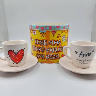 ANNE & BENEKLİ KALP-SİLİNDİR METAL KUTU KAHVE - İKİLİ TÜRK KAHVESİ FİNCANI TRANSPARAN SAP - 1