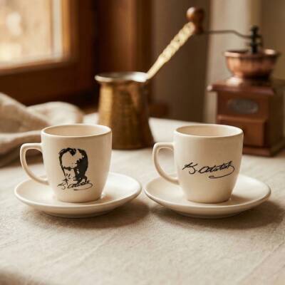 ATATÜRK İMZA & ATATÜRK PORTRE-İKİLİ TÜRK KAHVESİ FİNCANI - TRANSPARAN - 1