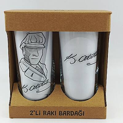ATATÜRK İMZA & ÇİZGİSEL ATATÜRK-İKİLİ RAKI BARDAĞI - ŞEFFAF - 1
