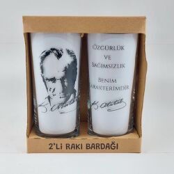 ATATÜRK PORTRE & ÖZGÜRLÜK VE BAĞIMSIZLIK -İKİLİ RAKI BARDAĞI - ŞEFFAF - 