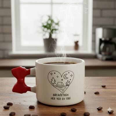 BİRLİKTEYKEN HER YER EV GİBİ-KURDELE KUPA - KIRMIZI SAP - 1