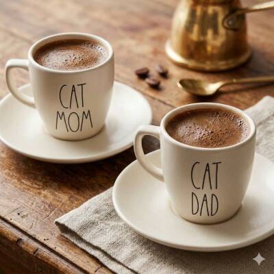 CAT MOM & CAT DAD-İKİLİ TÜRK KAHVESİ FİNCANI - TRANSPARAN - 1