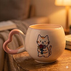 ÇİÇEK TUTAN KEDİ-AMOUR KUPA - PEMBE SAP PEMBE TURNET - 