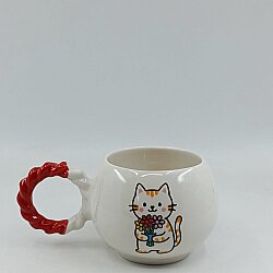 ÇİÇEK TUTAN KEDİ-BALONCUK KUPA - KIRMIZI SAP - 