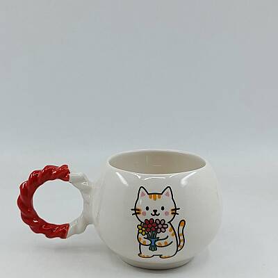 ÇİÇEK TUTAN KEDİ-BALONCUK KUPA - KIRMIZI SAP - 1