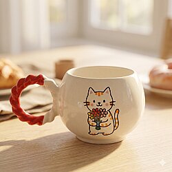 ÇİÇEK TUTAN KEDİ-BALONCUK KUPA - KIRMIZI SAP - 