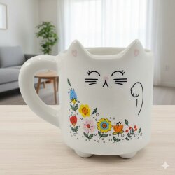 ÇİÇEKLİ KEDİ-KEDİ KUPA - TRANSPARAN SAP - 