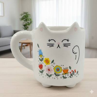 ÇİÇEKLİ KEDİ-KEDİ KUPA - TRANSPARAN SAP - 1