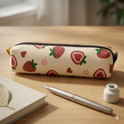 ÇİLEK KALP DESEN-DERİ KALEM KUTU - TEKLİ - 