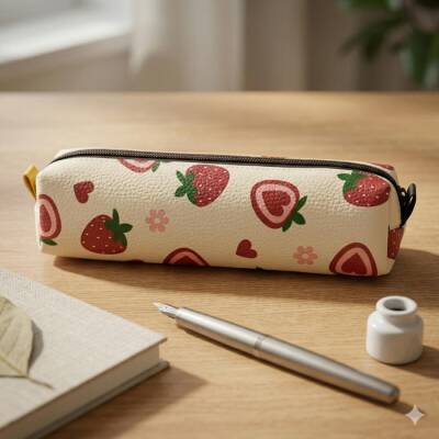 ÇİLEK KALP DESEN-DERİ KALEM KUTU - TEKLİ - 1