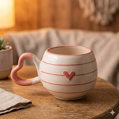 ÇİZGİLİ PEMBE KALP - 3D-AMOUR KUPA - PEMBE SAP PEMBE TURNET - 1