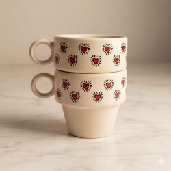 EFEKTLİ KIRMIZI KALPLER-İKİLİ ESPRESSO BARDAĞI - TRANSPARAN - 