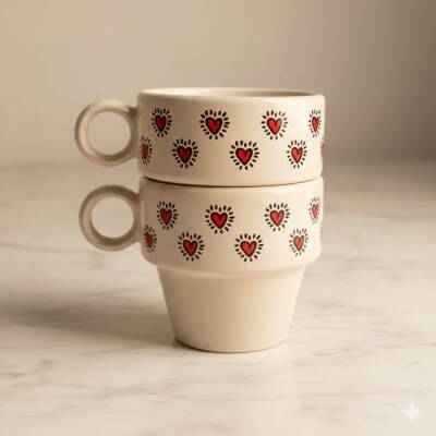 EFEKTLİ KIRMIZI KALPLER-İKİLİ ESPRESSO BARDAĞI - TRANSPARAN - 1