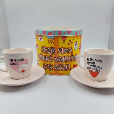 EKSİK OLMA & EN GÜZEL ANNE-SİLİNDİR METAL KUTU KAHVE - İKİLİ TÜRK KAHVESİ FİNCANI TRANSPARAN SAP - 1