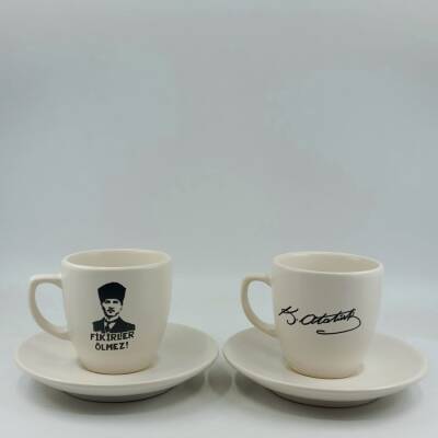 FİKİRLER ÖLMEZ & ATATÜRK İMZA-İKİLİ TÜRK KAHVESİ FİNCANI - TRANSPARAN - 1