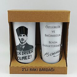 FİKİRLER ÖLMEZ & ÖZGÜRLÜK VE BAĞIMSIZLIK-İKİLİ RAKI BARDAĞI - ŞEFFAF - 