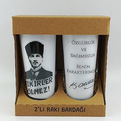 FİKİRLER ÖLMEZ & ÖZGÜRLÜK VE BAĞIMSIZLIK-İKİLİ RAKI BARDAĞI - ŞEFFAF - 1