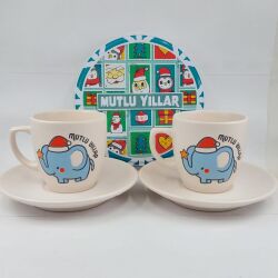 FİL MUTLU YILLAR-SİLİNDİR METAL KUTU - İKİLİ TÜRK KAHVESİ FİNCANI TRANSPARAN SAP - 