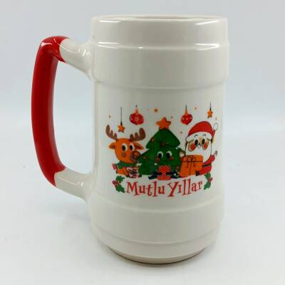 GEYİK ÇAM AĞACI NOEL BABA MUTLU YILLAR-SERAMİK BİRA BARDAĞI - KIRMIZI SAP - 1