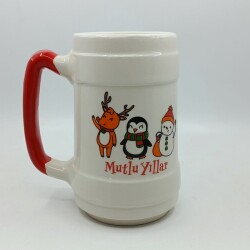 GEYİK PENGUEN KARDANADAM MUTLU YILLAR-SERAMİK BİRA BARDAĞI - KIRMIZI SAP - 