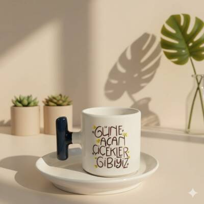GÜNE AÇAN ÇİÇEKLER GİBİYİZ-T TÜRK KAHVESİ FİNCANI - SİYAH SAP - 1