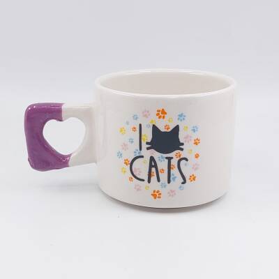 I LOVE CATS- RENKLİ-KALP KUPA - MOR SAP - 1