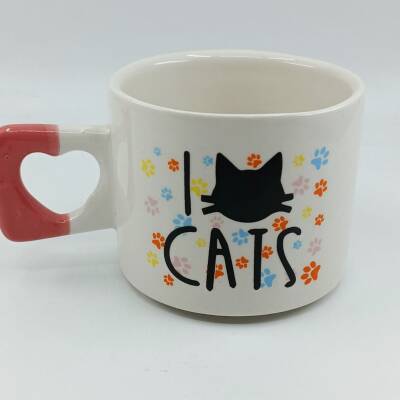 I LOVE CATS- RENKLİ-KALP KUPA - PEMBE SAP - 1
