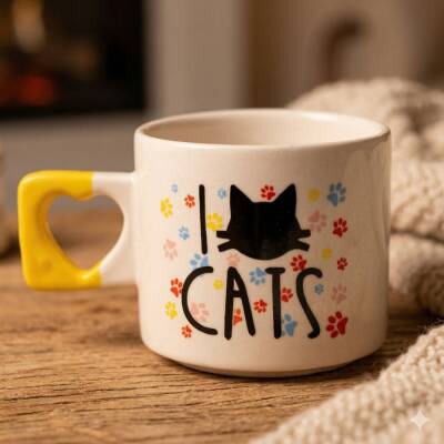 I LOVE CATS- RENKLİ-KALP KUPA - SARI SAP - 1