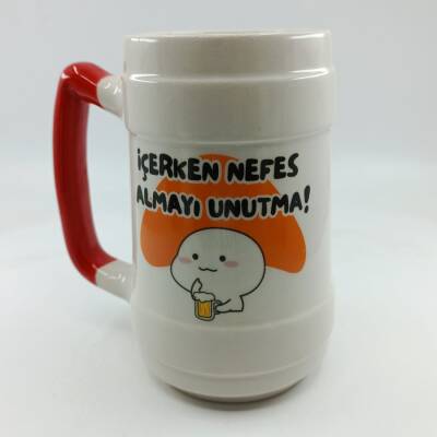 İÇERKEN NEFES ALMAYI UNUTMA-SERAMİK BİRA BARDAĞI - KIRMIZI SAP - 1