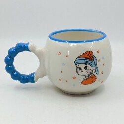 İNCİ KÜPELİ KIZ ÇİZİM-PUF KUPA - MAVİ SAP MAVİ TURNET - 