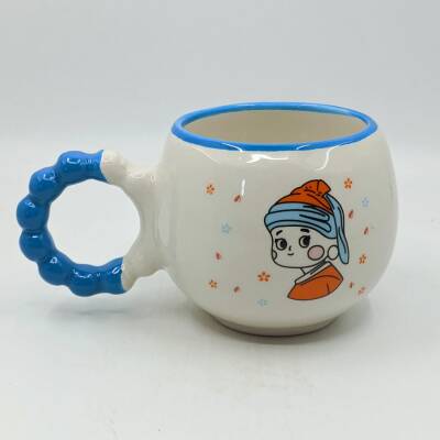 İNCİ KÜPELİ KIZ ÇİZİM-PUF KUPA - MAVİ SAP MAVİ TURNET - 1