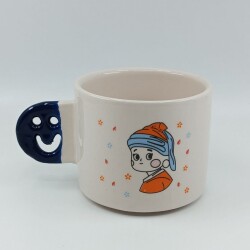 İNCİ KÜPELİ KIZ ÇİZİM-SMİLE KUPA - KOBALT SAP - 