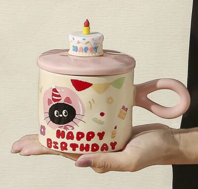 İTHAL KUPA-KAPAKLI PASTA FİGÜRLÜ KUPA - PEMBE K-1-20 - 1