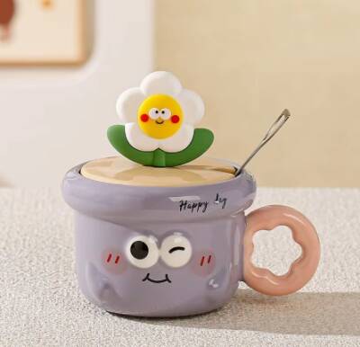 İTHAL KUPA-KAPAKLI&KAŞIKLI ÇİÇEK KUPA - MOR K-1-26 - 1