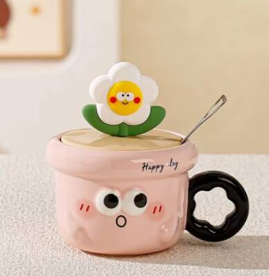 İTHAL KUPA-KAPAKLI&KAŞIKLI ÇİÇEK KUPA - PEMBE K-1-27 - 1