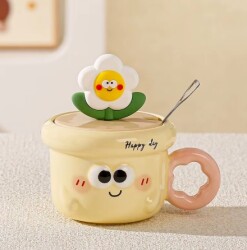 İTHAL KUPA-KAPAKLI&KAŞIKLI ÇİÇEK KUPA - SARI K-1-28 - 