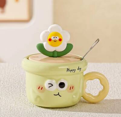 İTHAL KUPA-KAPAKLI&KAŞIKLI ÇİÇEK KUPA - YEŞİL K-1-29 - 1