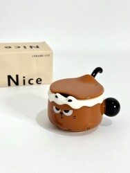 İTHAL KUPA-KAŞIKLI&KAPAKLI KEDİ KUPA - KAHVERENGİ K-1-11 - 