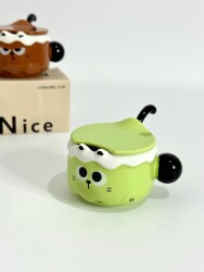 İTHAL KUPA-KAŞIKLI&KAPAKLI KEDİ KUPA - YEŞİL K-1-12 - 