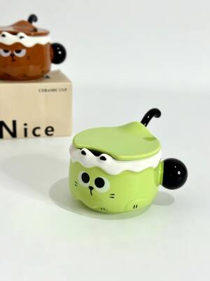 İTHAL KUPA-KAŞIKLI&KAPAKLI KEDİ KUPA - YEŞİL K-1-12 - 1