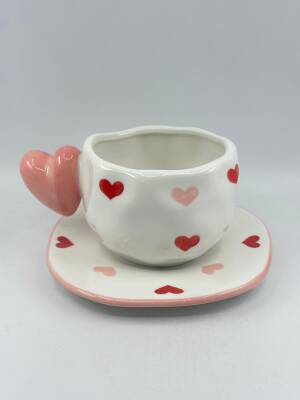 İTHAL KUPA-TABAKLI ÇAY FİNCANI - KALPLER PEMBE KALP SAP K-2-12 - 1