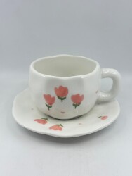 İTHAL KUPA-TABAKLI ÇAY FİNCANI - PEMBE LALELER K-2-20 - 