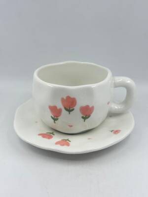 İTHAL KUPA-TABAKLI ÇAY FİNCANI - PEMBE LALELER K-2-20 - 1