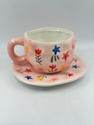 İTHAL KUPA-TABAKLI ÇAY FİNCANI - PEMBE TEMA ÇİÇEK K-2-14 - 