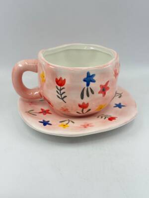 İTHAL KUPA-TABAKLI ÇAY FİNCANI - PEMBE TEMA ÇİÇEK K-2-14 - 1