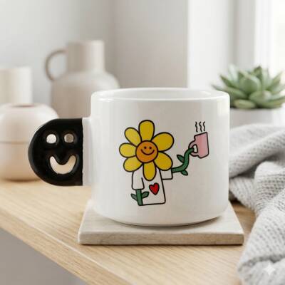 KAHVE TUTAN ÇİÇEK-SMİLE KUPA - SİYAH SAP - 1