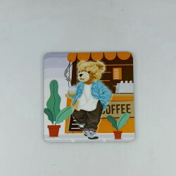 KAHVELİ AYICIK-AHŞAP BARDAK ALTLIĞI - TEKLİ - 