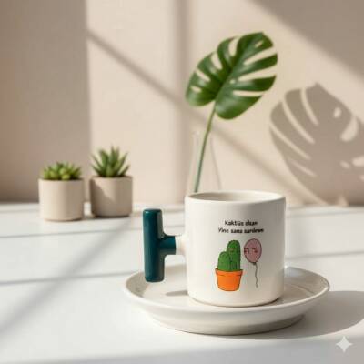 KAKTÜS OLSAM YİNE SANA-T TÜRK KAHVESİ FİNCANI - YEŞİL SAP - 1