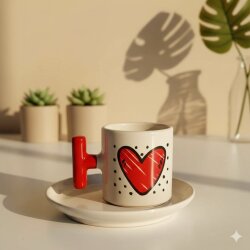 KALP BENEKLİ-T TÜRK KAHVESİ FİNCANI - KIRMIZI SAP - 