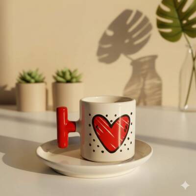 KALP BENEKLİ-T TÜRK KAHVESİ FİNCANI - KIRMIZI SAP - 1